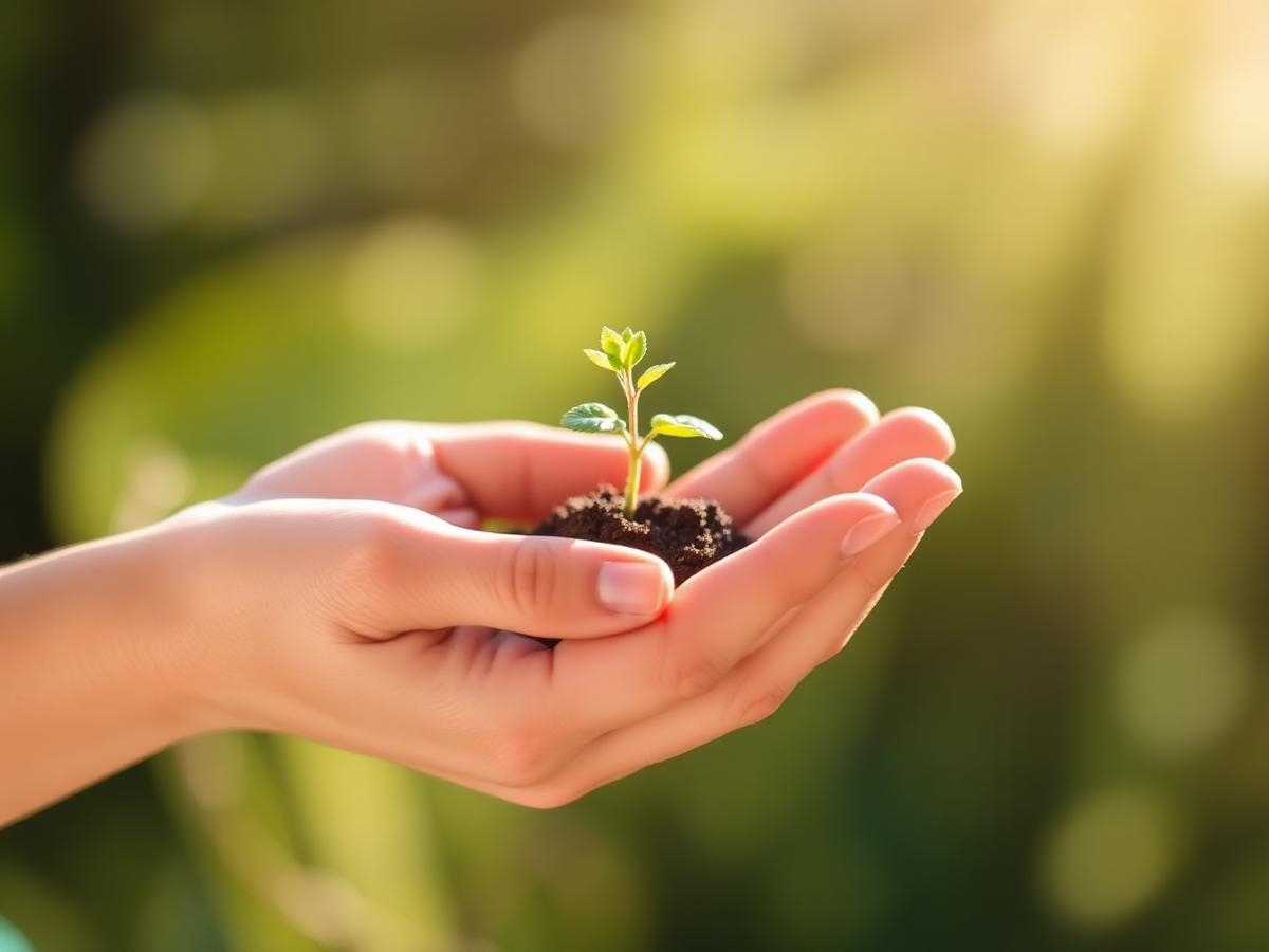 Hands holding a small green sprout